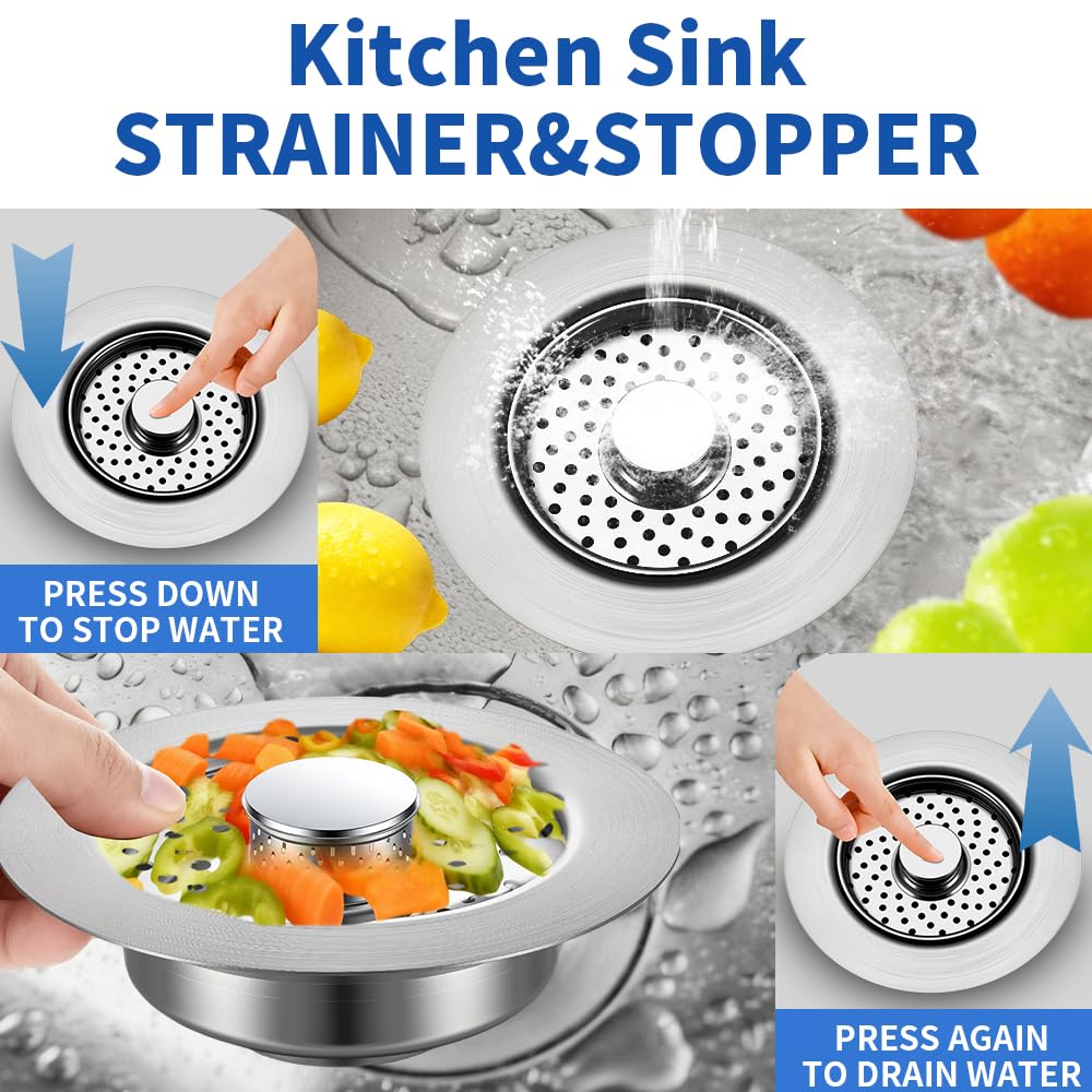 Sink Drain Strainer - Sink Stopper, 3-in-1 Kitchen Stainless Steel Drain Plug with Anti-Clog Basket, Pop-Up Cover