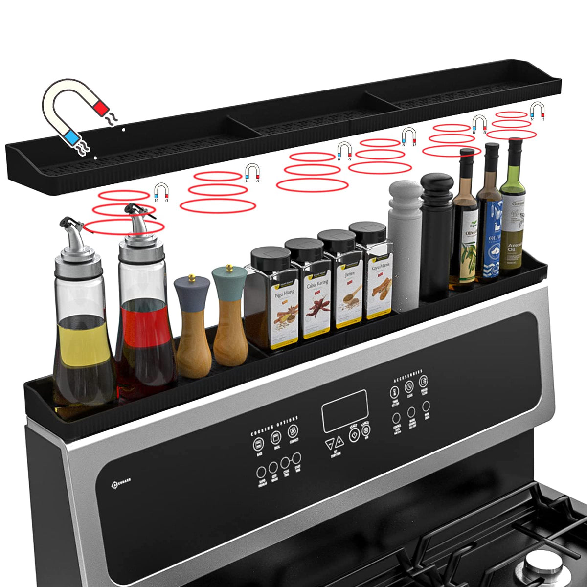 Stove Top Shelf 30 Inch - Silicone Material Magnetic Shelf for Stove -Black