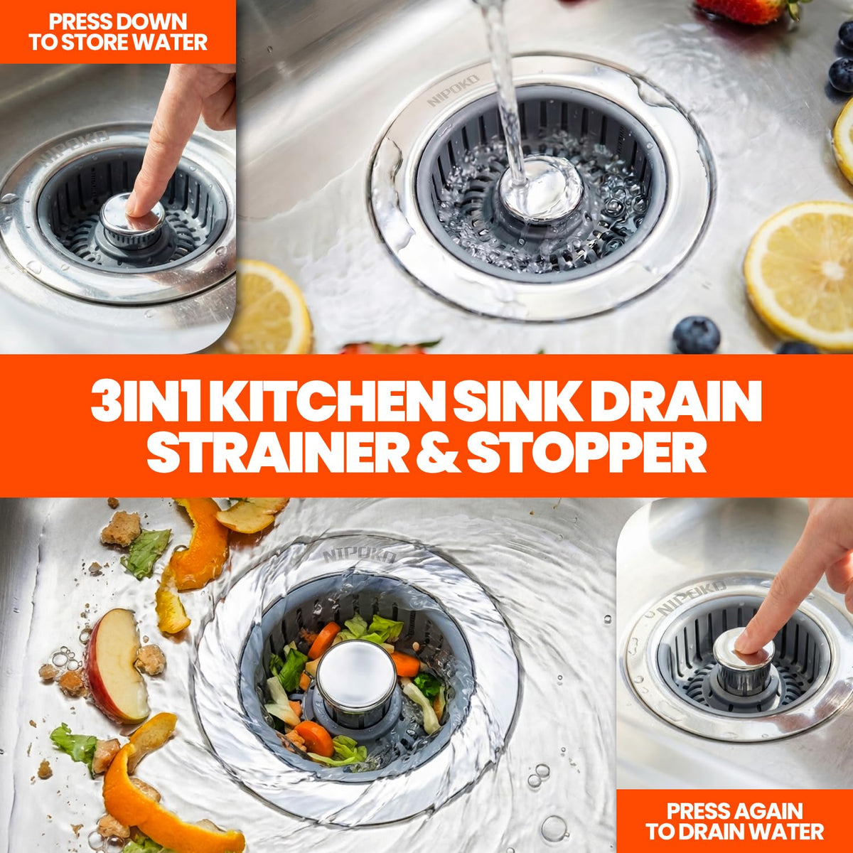 Nipoko 3 in 1 Kitchen Sink Drain Strainer Stopper Basket Pop Up Silver