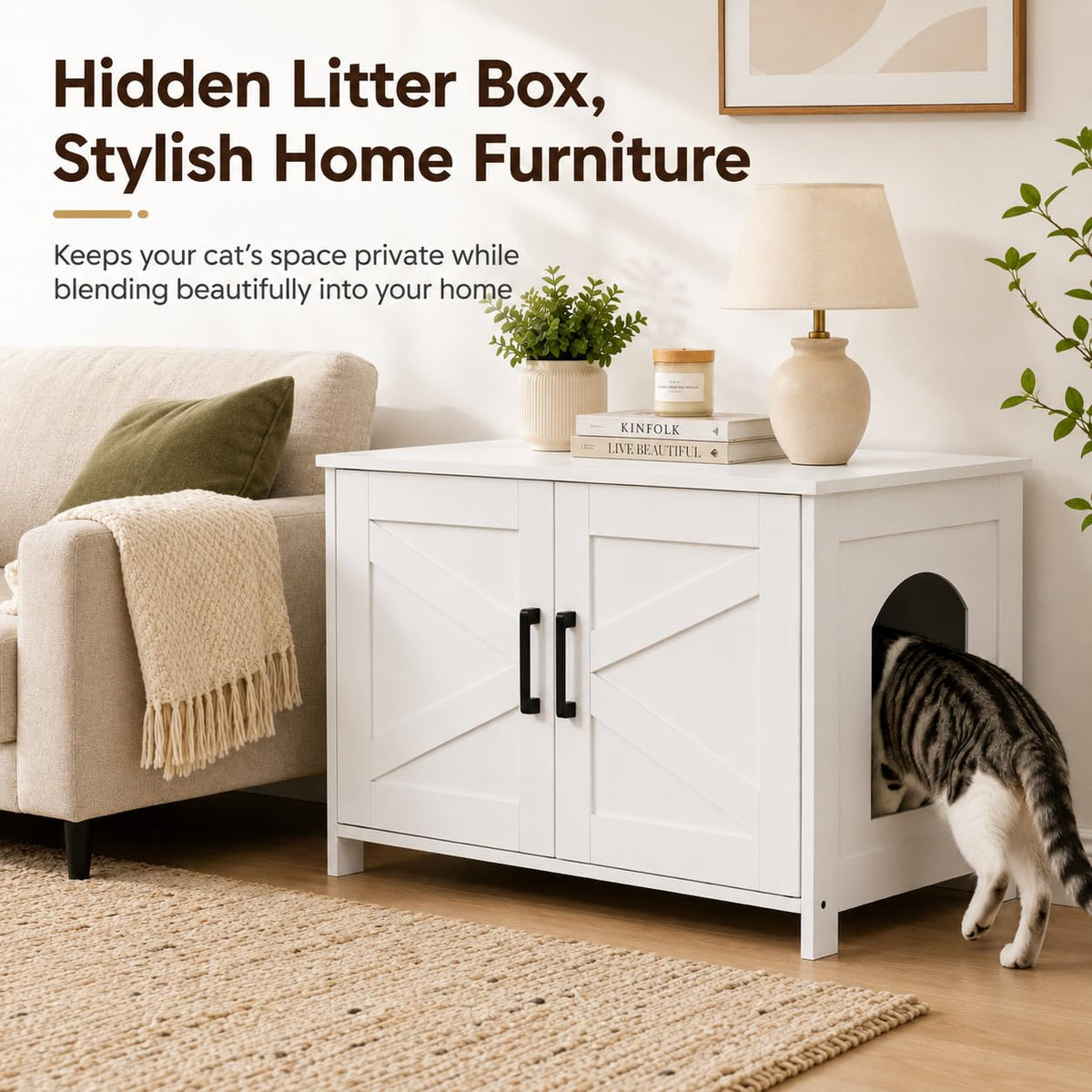 Homhedy 31.5" L Cat Litter Box Enclosure with Barn Door, White