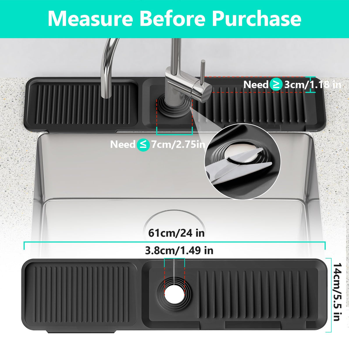 24'' Longer Faucet Mat for Kitchen Sink Splash Guard Drain Mat Behind Fauce