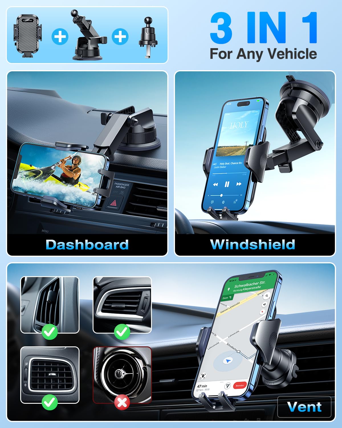 [True Military-Grade] Car Phone Holder VANMASS [Upgraded Strongest Suction&Clip] Cell Phone Mount for Dashboard Windshield Vent Kit, Truck Cradle Stand for iPhone 18 Pro Max 17 16 15 Android,Ink Black