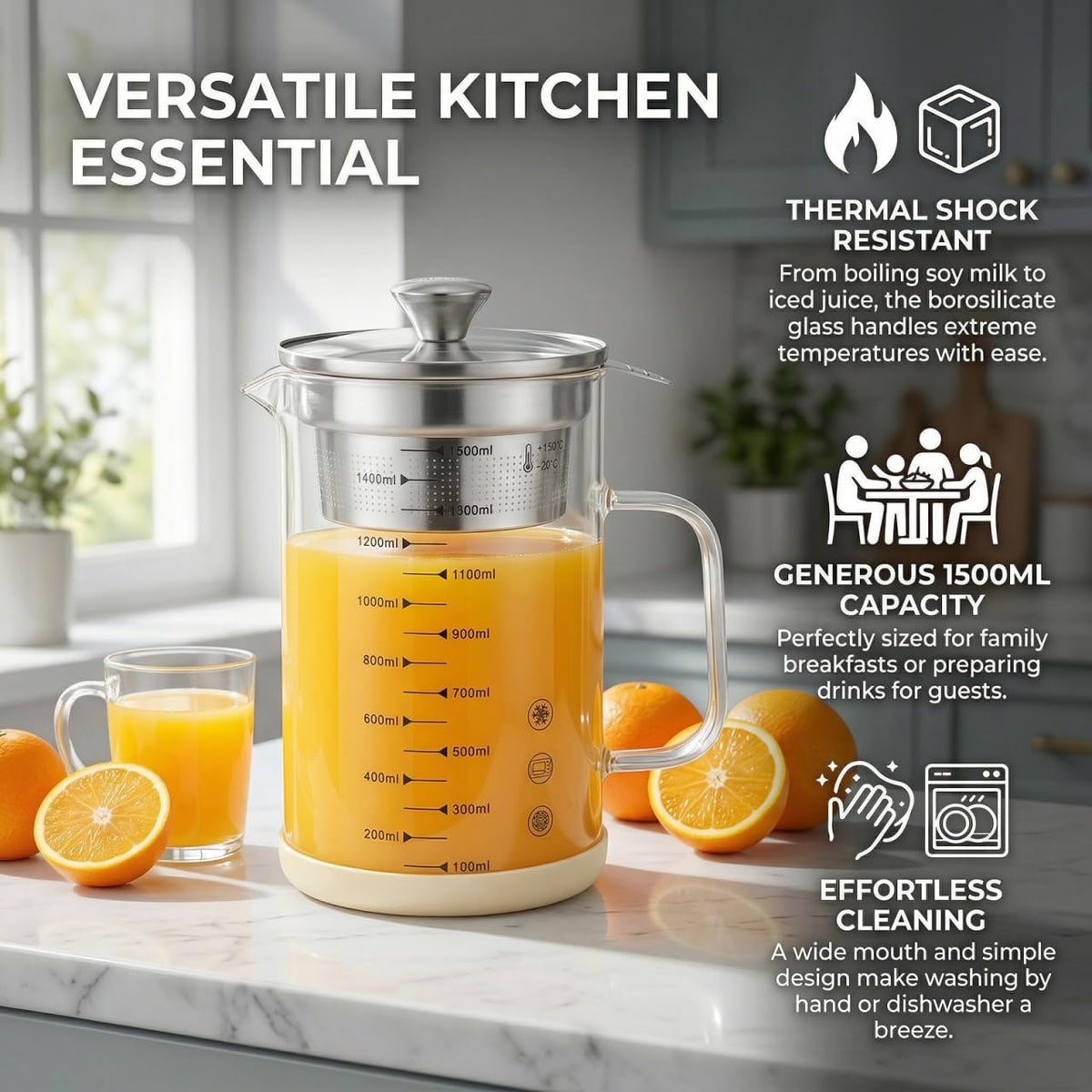 Kichvoe 1.5L Glass Pitcher with Fine Mesh Strainer & Scale: Bacon Grease Container Food Strainer Soy Milk Filter Teapot with Lid For Oil Milk Juice Water Tea Beverages