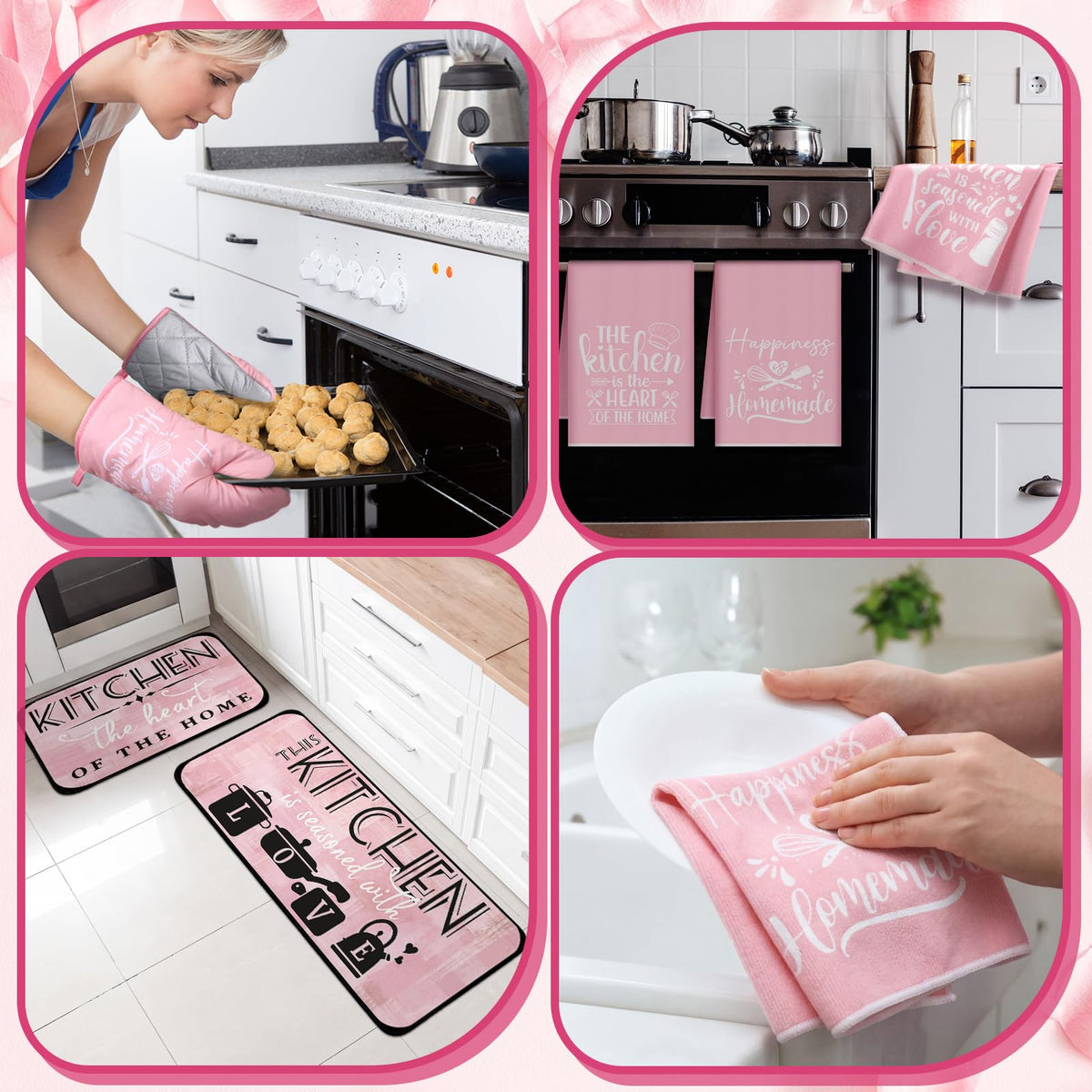 Sratte 10 Pcs Kitchen Decor Accessories Set 4 Kitchen Dish Towels 2 Pot Holders 2 Oven Mitts 2 Rugs for Cooking Baking BBQ Housewarming Gifts(Pink,Abstract)