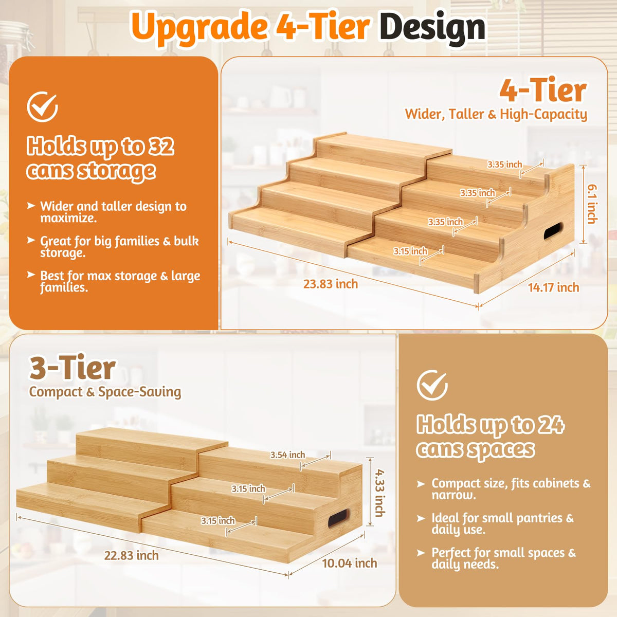 Aclema 4-Tier Bamboo Expandable Can Rack Organizer for Pantry 32 Cans