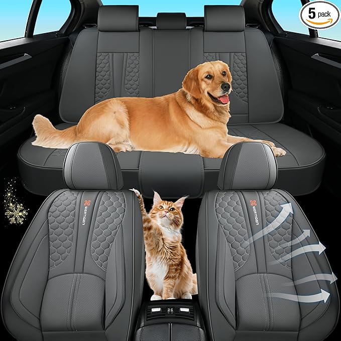 Universal Gray Leather Car Seat Covers Full Set – Waterproof Automotive Seat Protector for Cars, SUVs & Pickups, Airbag Safe, Non-Slip Design, Easy Installation, Durable Material