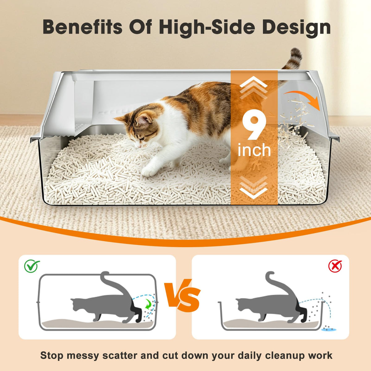 AIPERRO Stainless Steel Litter Box with Lid, High Sided Cat Litter Box
