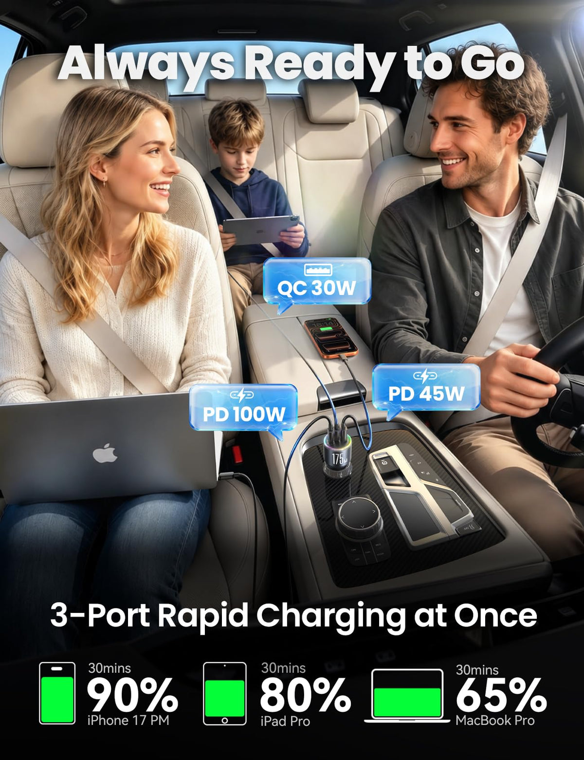 JOYROOM 175W Super Fast Car Charger, 3-Port Car Charger USB C Fast Charge