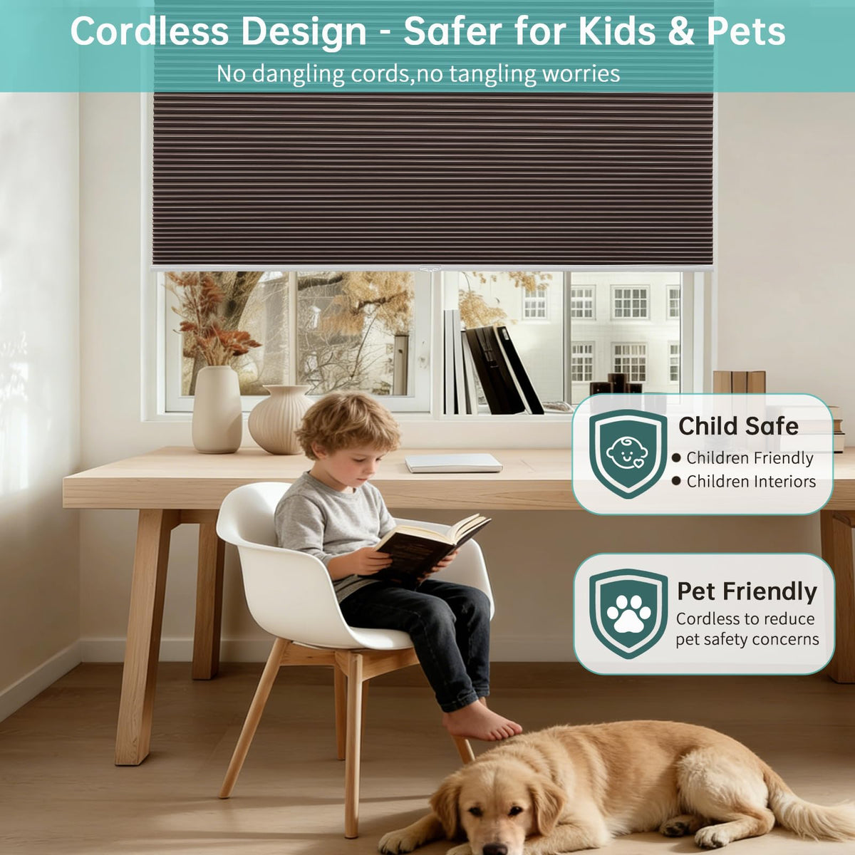 Blackout Cordless Cellular Shades for Windows,Honeycomb Blinds with Thermal Insulation,UV Protection,Child Safe,Privacy Light Control,Easy to Install,44" W x 72" H,Brown.