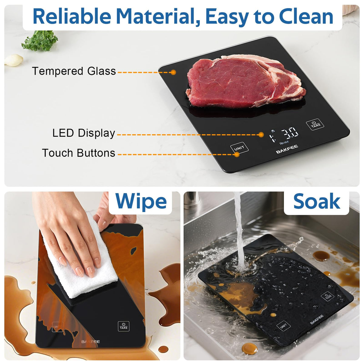 BakFee Waterproof Food Scale, 22lb Kitchen Scale, IP67, Rechargeable, Black