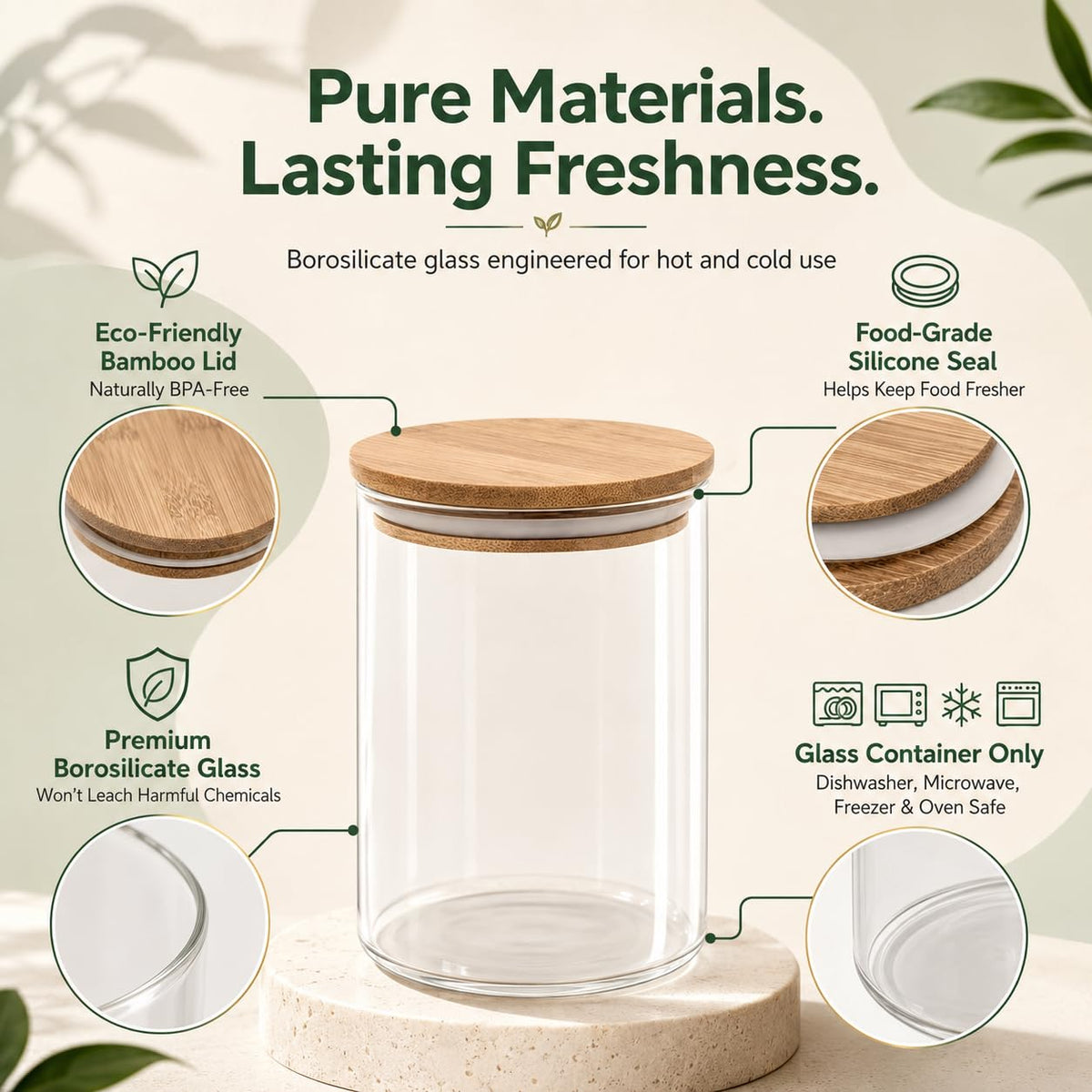 Set of 5 Glass Kitchen Canisters with Airtight Bamboo Lid - Glass Storage Jars for Pantry Organization and Bathroom for Flour, Coffee, Cookie Jar, Candy, Snack, Pasta, Rice, Sugar Packet Holder