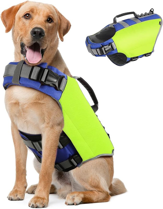 Pawaboo Dog Life Jacket, Reflective Safety Vest with Adjustable Pet Life Preserver, Ripstop Dog Lifesaver for Swimming, Boating - Bright Yellow, XL