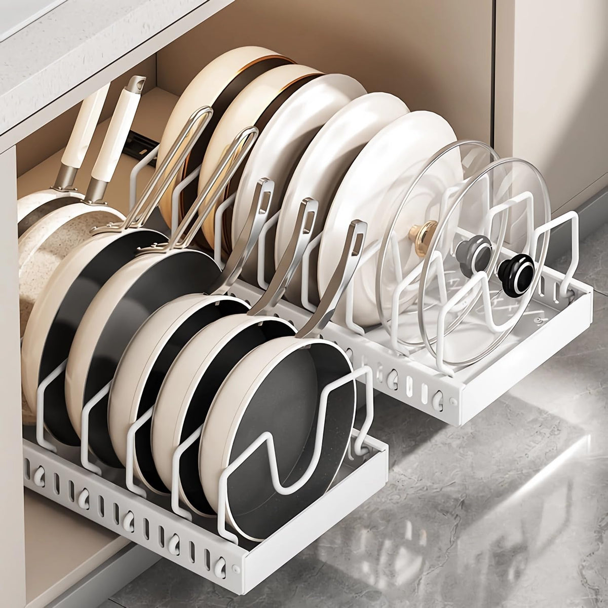 Mnftive pots and pans organizer under cabinet,pot lid organizers inside cabinet holders for kitchen,Horizontal and vertical pulling modes,cast iron storage (White vertical pull-out)