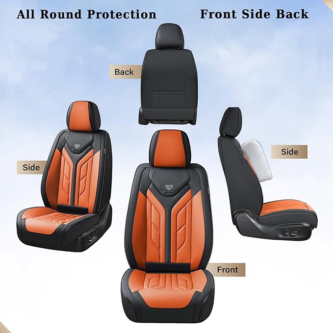 Coverado Car Seat Covers Full Set, Automotive Seat Covers Car Seat Protector Car Seat Cushion, Waterproof Leather Seat Covers for Cars, Universal Fit for Most Sedans SUV Pick-up Truck(Black&Orange)