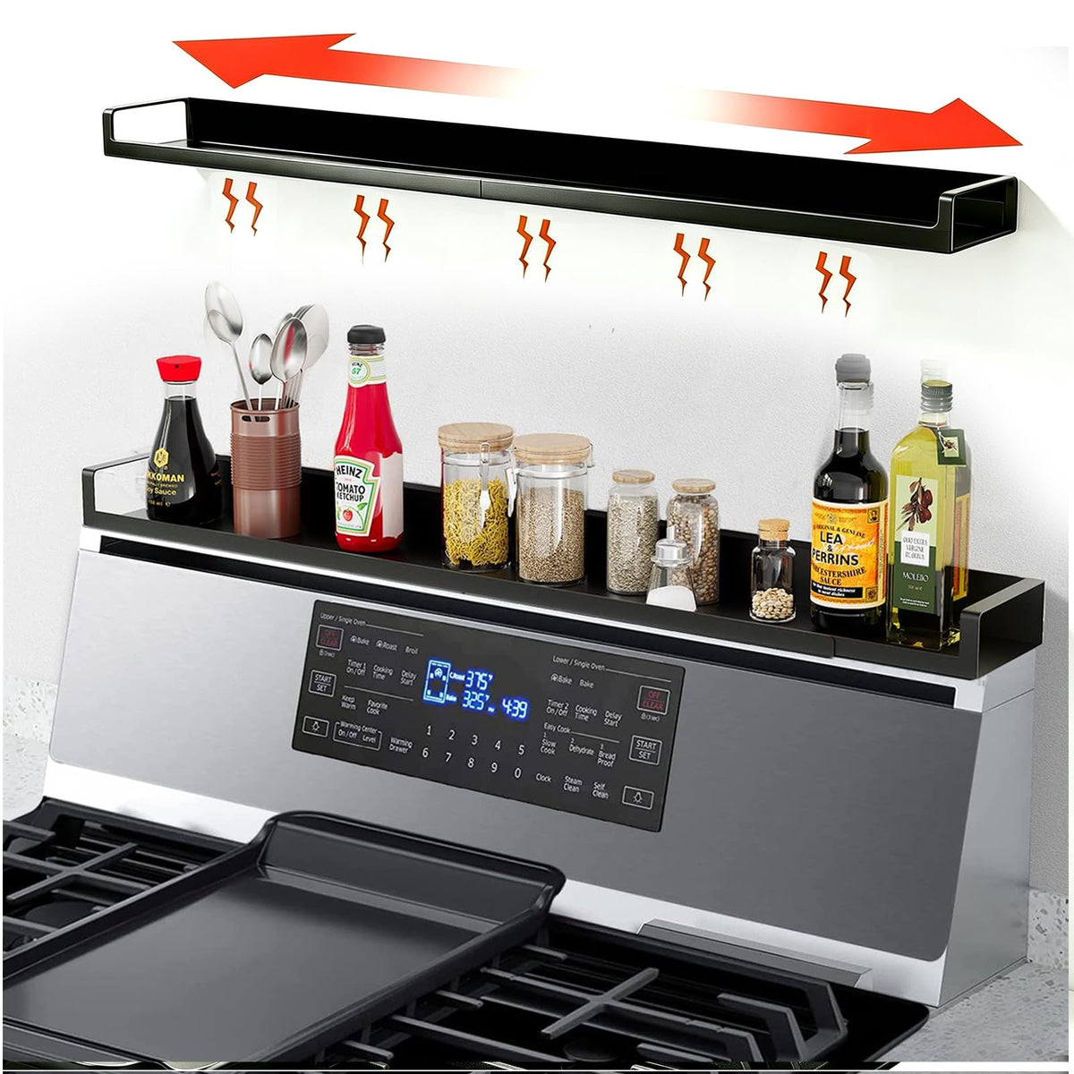 4X Strong Magnetic Stove Top Shelf, Adjustable 15-30 Inches, Matte Black