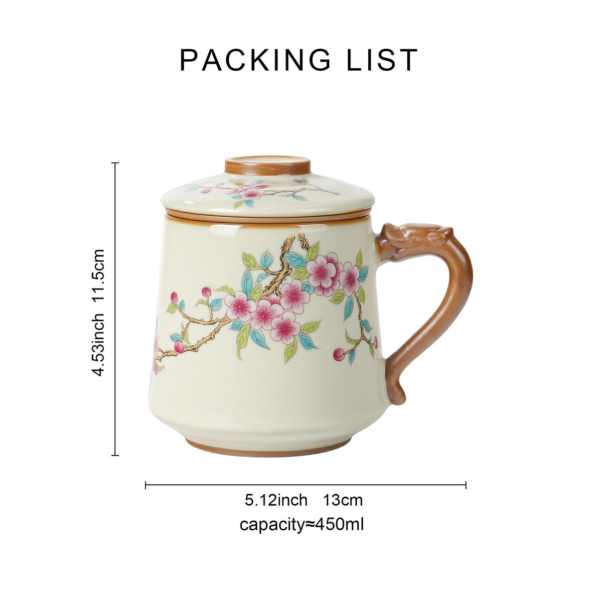 fanquare Beige Ruyao Porcelain Tea Cups with Infuser and Lid, Chinese Steeping Tea Mug with Strainer for Adults, Plum Blossom Tea Cup Set for One for Home Office