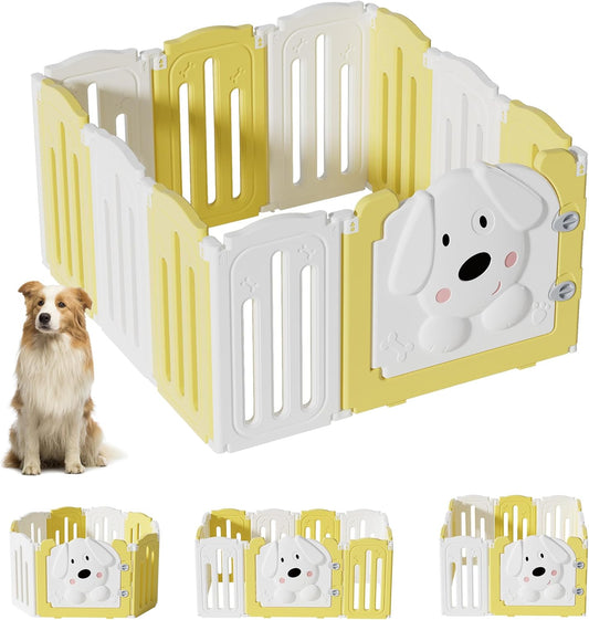Foldable Dog Play Pen Indoors, Non-Slip Sturdy Puppy Playpen with Door, 25.5" H 10-Panel Adjustable Shape Dog Fence Pen for Small/Medium Dogs, Thickened, Easy to Store, White+Yellow