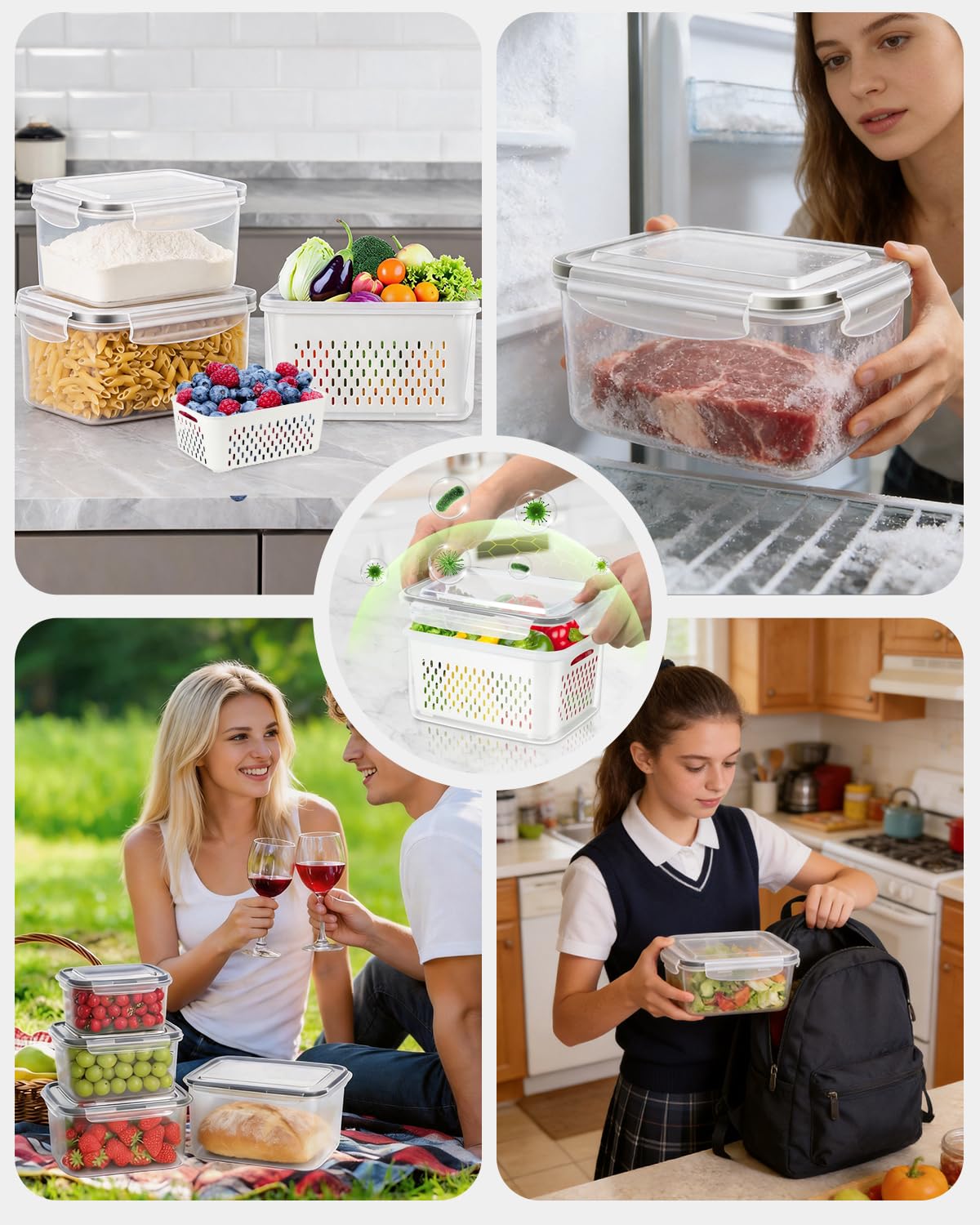 4 Pack Fruit Storage Containers for Fridge Fresh Berry Keeper with Colander