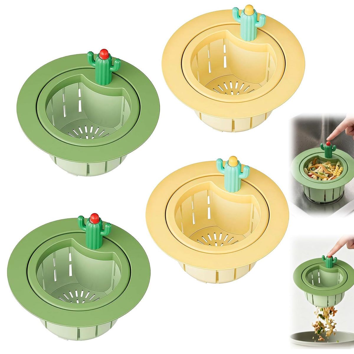 4Pcs Cactus Kitchen Sink Drain Strainer,2026 Upgrade Press to Dump Basket Waste Collector,Multifunctional Kitchen Sink Drain Strainer Fun Sink Accessory for Home Bathroom (Green+Yellow)