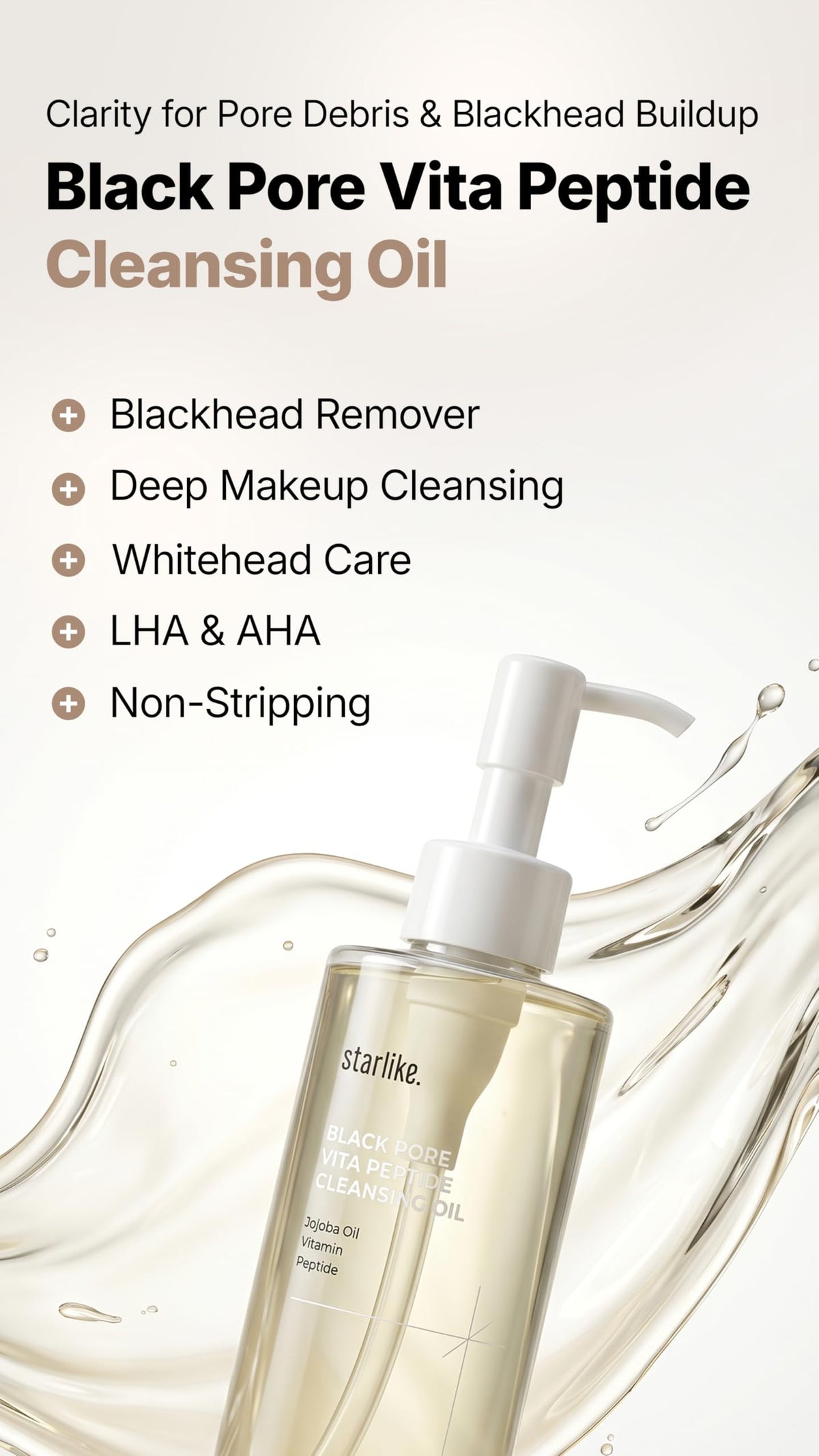 starlike Black Pore Vita Peptide Cleansing Oil I Jojoba 5%, AHA & LHA I Oil Cleanser for Face I Deep Cleansing Makeup Remover I Targets Clogging Blackheads I Korean Skincare I 6.76 Fl oz (200ml)