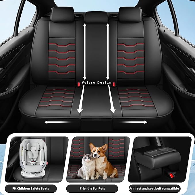 Fit Juke Car Seat Covers Compatible with Nissan Juke 2012-2015 2016 - Full Set Premium Leather， Waterproof Breathable， All-Weather Seat Cushion Protecto&Airbag Compatible（Red Line Black