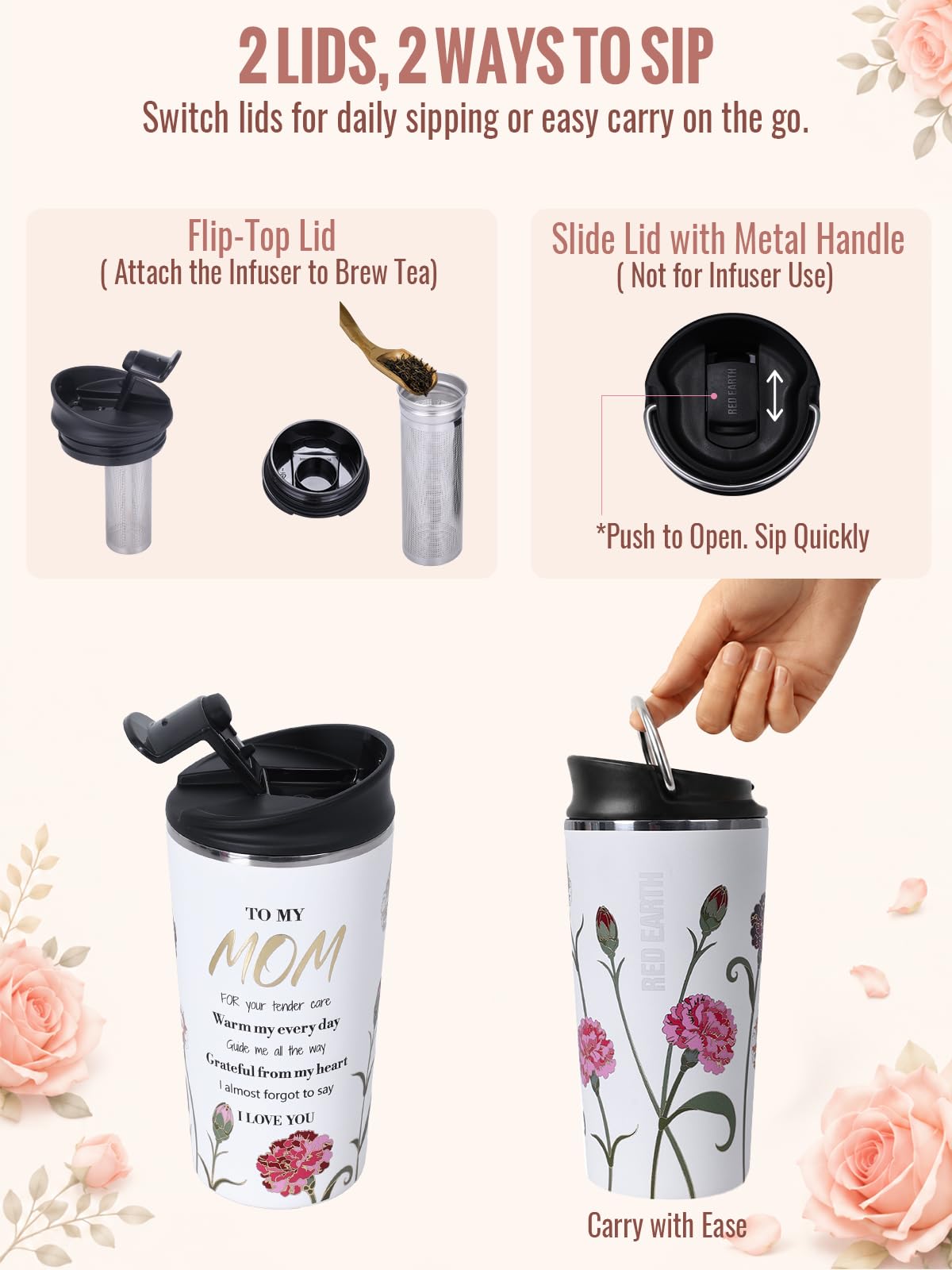 GiNT Mom Birthday Gift, 17oz Travel Tea Mug with Infuser, 2 Lids, 316L Stainless Steel Insulated Loose Leaf Tea Cup with Strainer, Leak-Resistant To-Go Mugs for Hot & Cold Brew Coffee(Raised Gold Foil