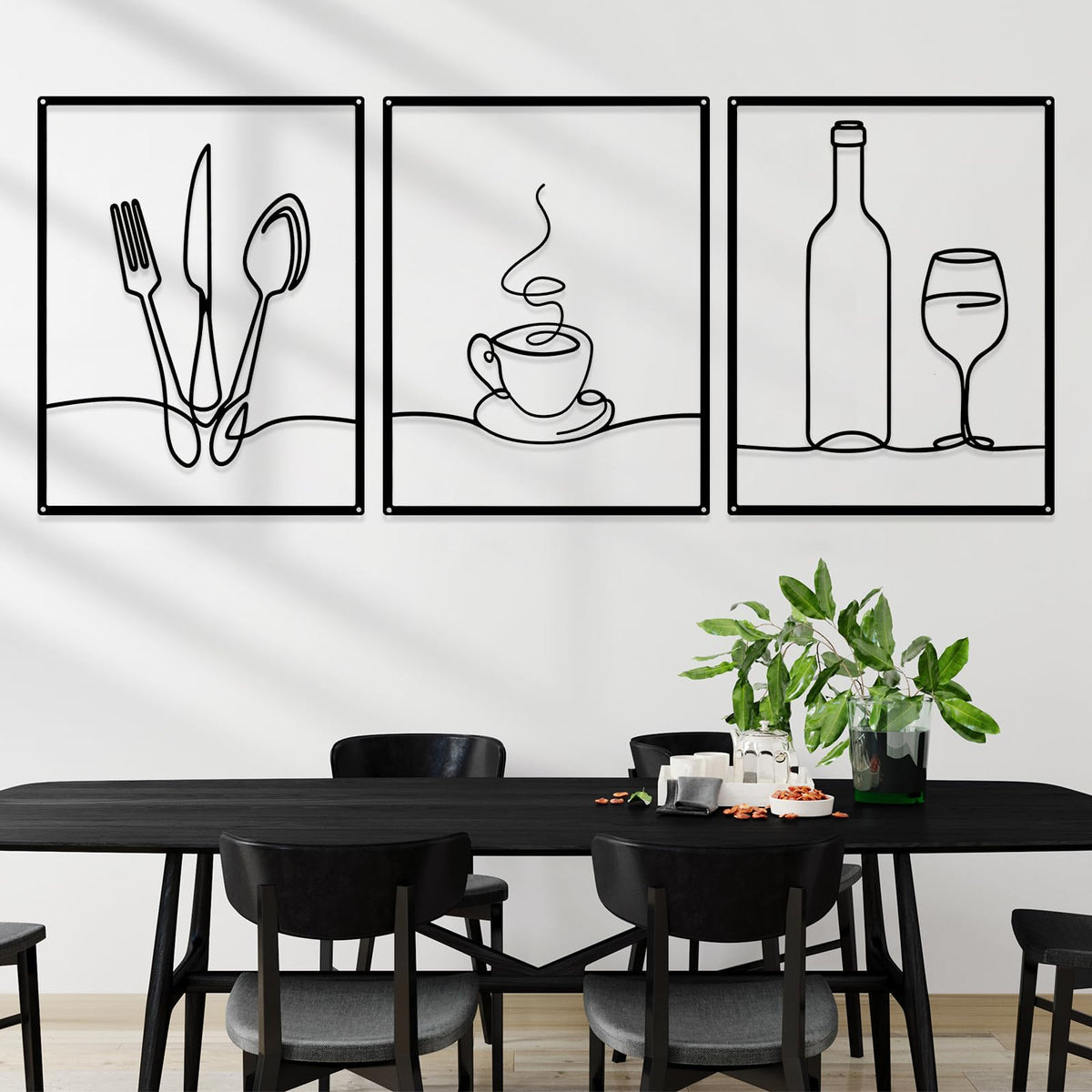Otoolling 3 Pcs Metal Kitchen Wall Art Line 14x11,Dining Room,Black