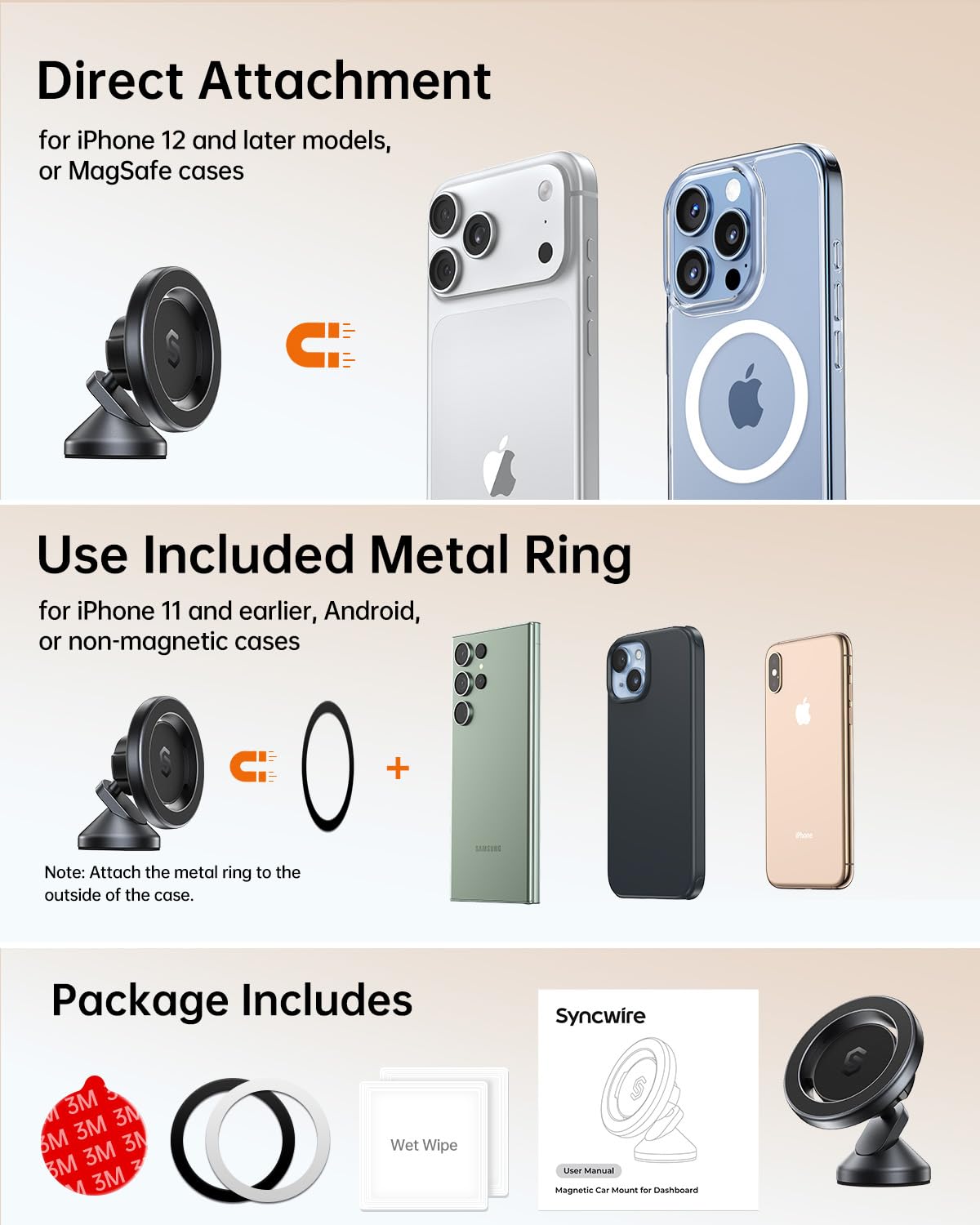 SYNCWIRE MagSafe Car Mount, Adjustable Magnetic Phone Holder, Space Gray