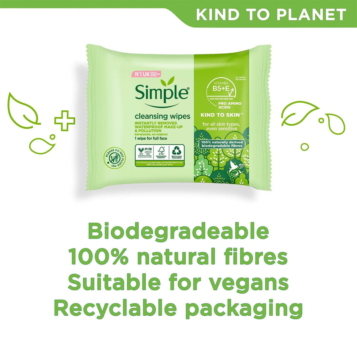 Simple Sensitive Skin Experts Kind To Skin Cleansing Facial Wipes, Waterproof Mascara Remover, Even Softer, 25 Count, (4 Pack)