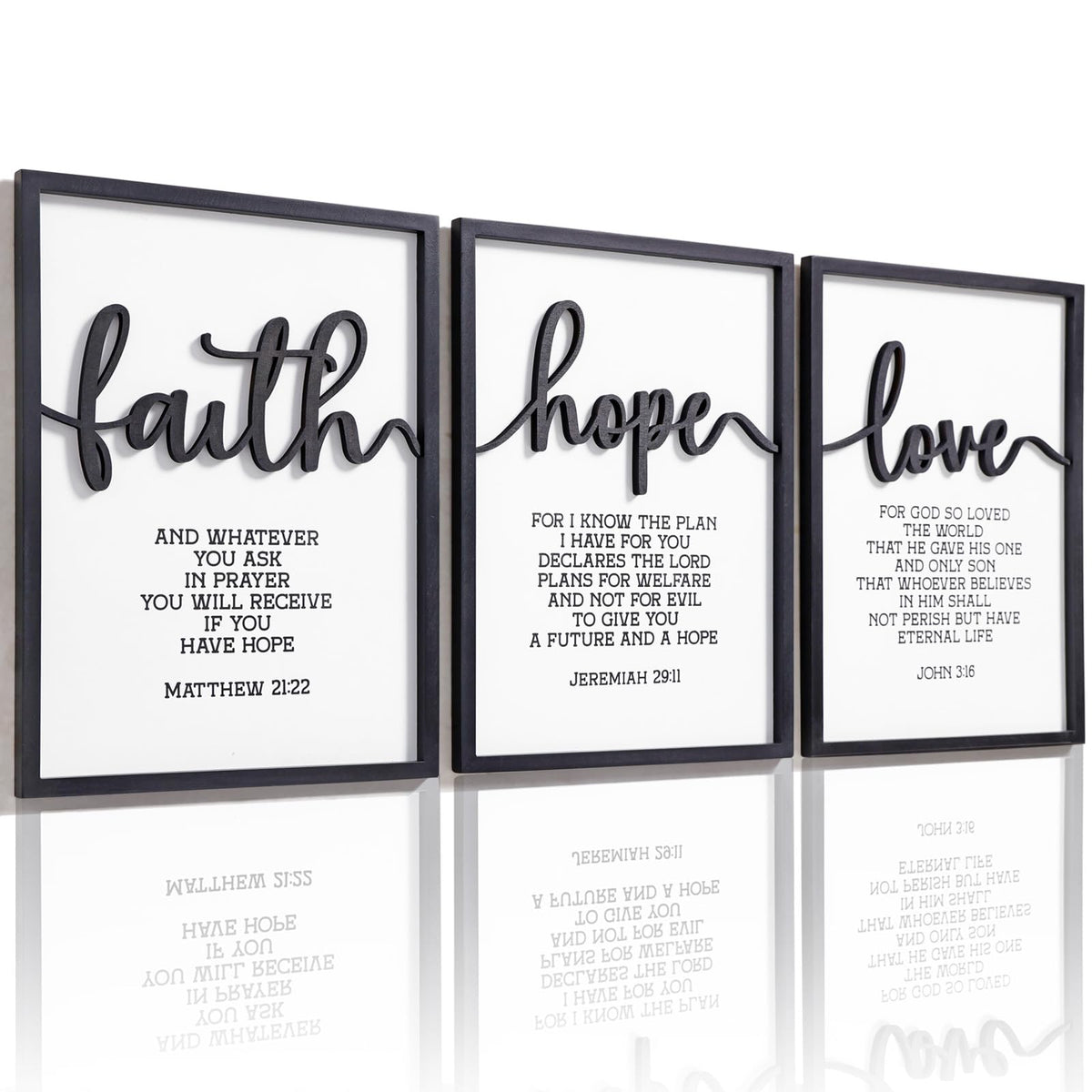 3D Wood Faith Hope Love Wall Decor, Christian Wall Art Bible Verses Wall Decor Scripture Wall Art for Bedroom Bathroom Kitchen Living Room Office(12x16 inches, Set of 3, Framed)