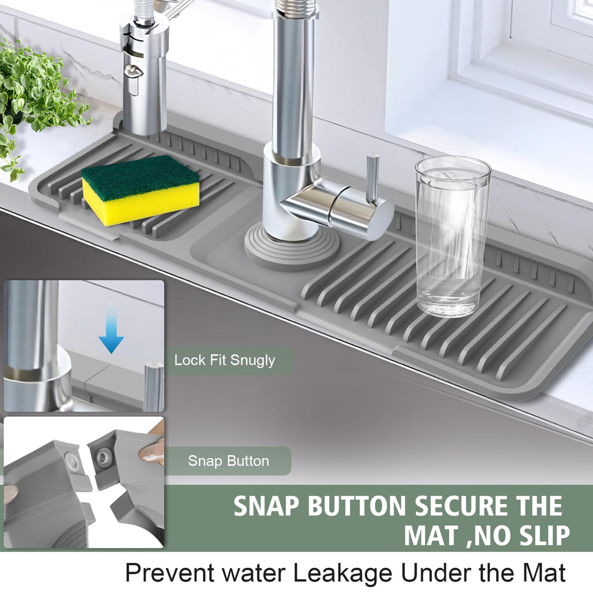 17.7-Inch Kitchen Sink Splash Guard Mat | 7° Slope for Fast Self-Draining | Snap-Lock Design | Universal & Cuttable Silicone Faucet Mat Gray