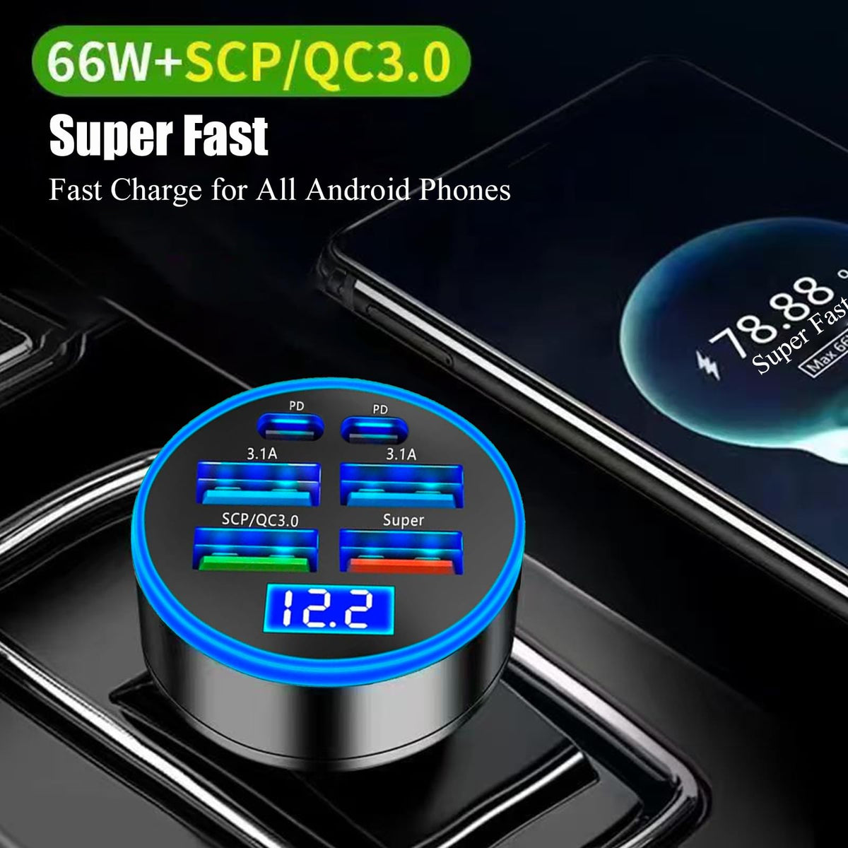Super Fast Charge USB C Car Phone Charger Adapter 6 in 1 with Voltage Display 250W Multi Port Cigarette Lighter USB Charge for iPhone 18 17 16 15 14 13 12 11 Samsung Galaxy Huawei Oneplus Oppo Vivo