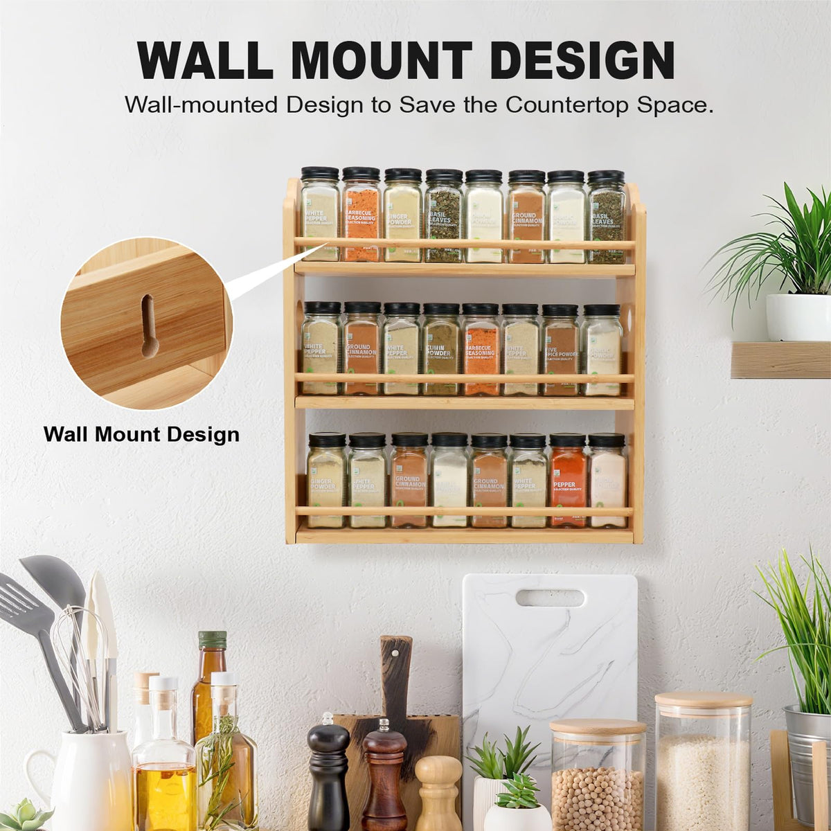 Thalomely 3-Tier Bamboo Spice Rack, Wall Mount & Countertop Spice Organizer
