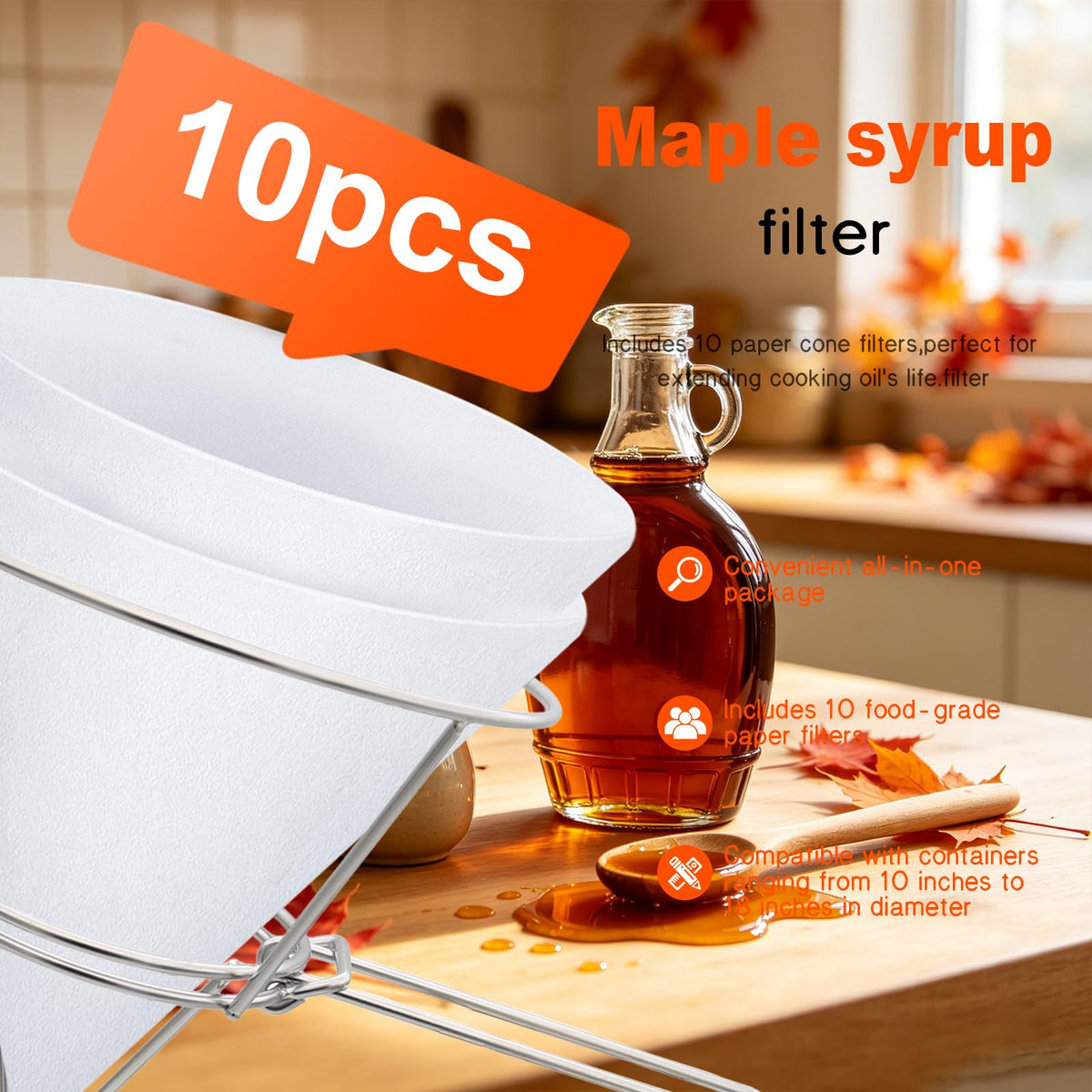 Maple Syrup Filter Holder with 10 Pcs Filter Paper, Oil Strainer with Stand