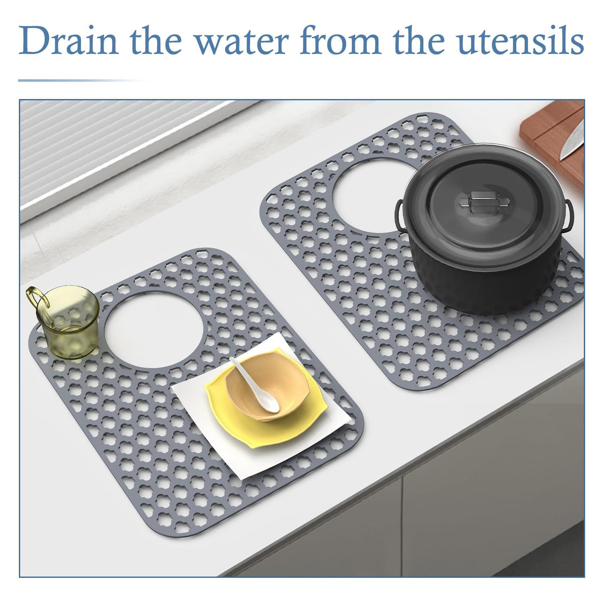 BEHOK 2 Pack Silicone Sink Protector Mat for Kitchen Sink Rear Drian Gray