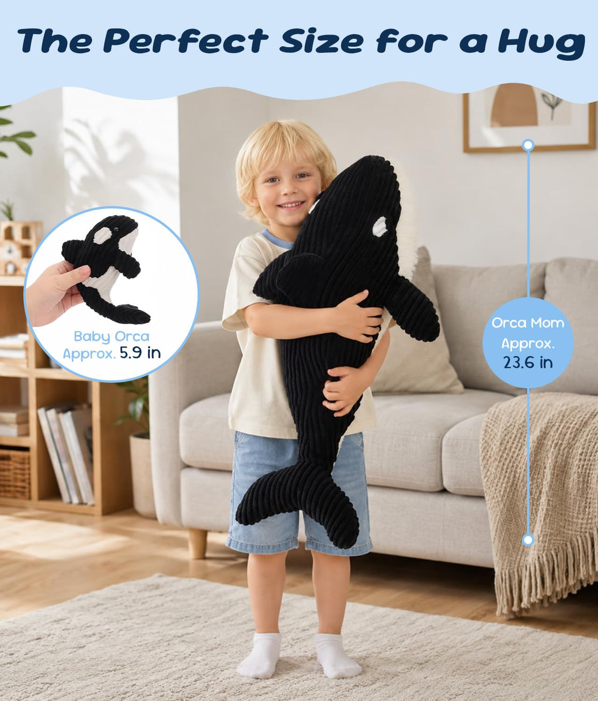 MorisMos 4Pcs Orca Stuffed Animals with Babies Inside, 23.6in Orca Family Plush Toy, Killer Whale Stuffed Animal Birthday for Kids Girls Boys
