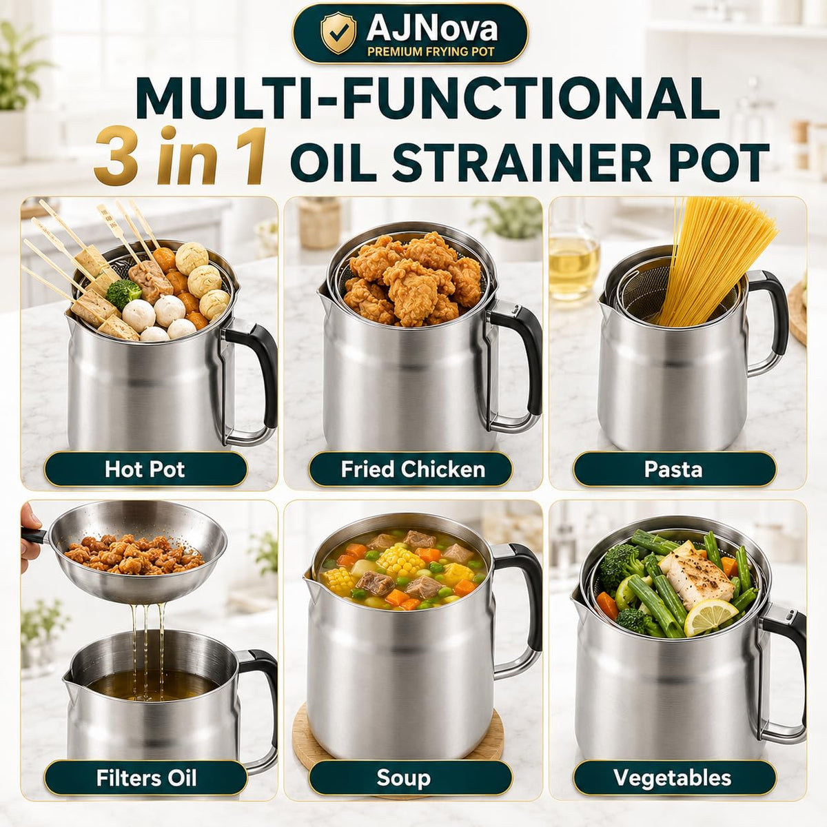 68oz 3-in-1 304 Stainless Steel Oil Filter Pot with Fine Mesh Oil Strainer & Tong, Heat-Resistant Handle, 2LCapacity Bacon Grease Container for Kitchen & Camping,Multi-Functional Frying Oil Container.