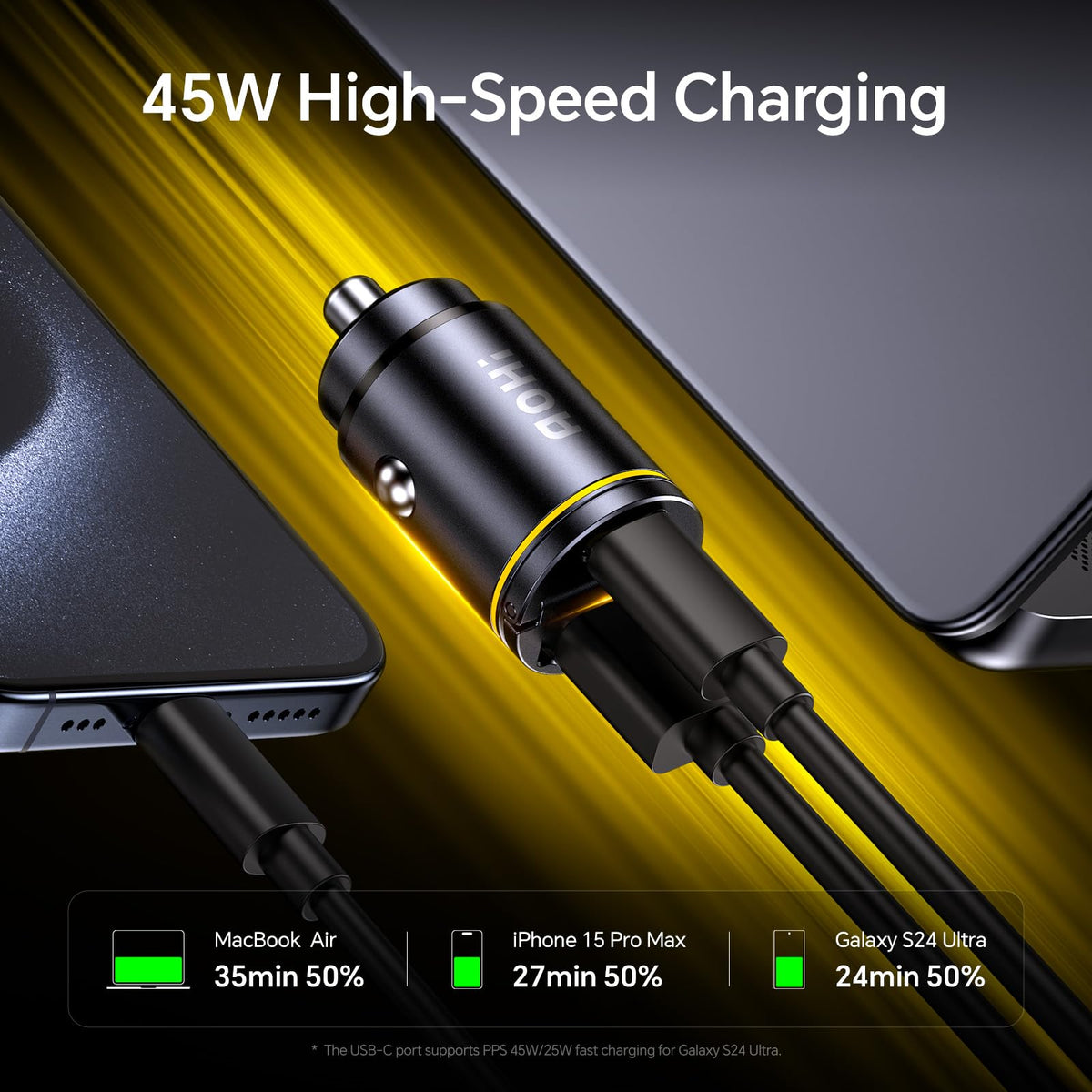 AOHI 45W USB-C Car Charger with 30W QC, Dual-Port Fast Charging Adapter