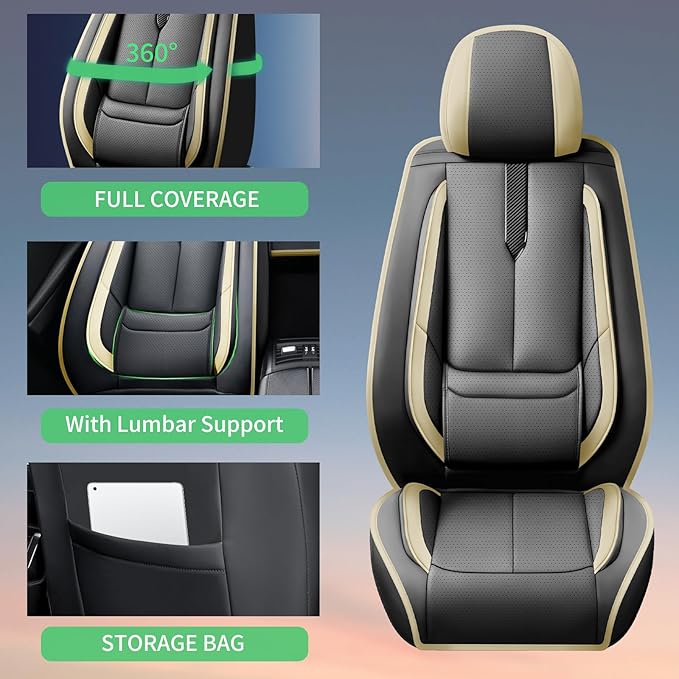 Fit Forester Car Seat Covers for Subaru Forester 2007-2024 2025 2026 -Upgraded Premium Waterproof & Breathable Leather,Airbag Compatible,All-Weather Seat Cushion Protector,2 Front/Black-Beige