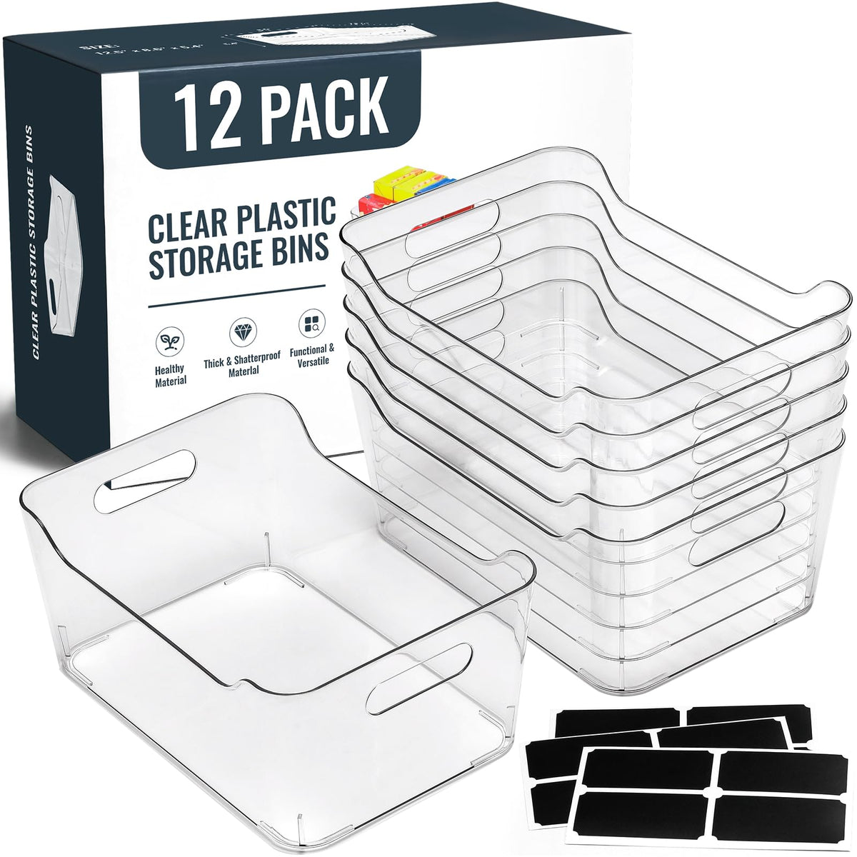 12 PACK Multi-Use Clear Storage Bins, Pantry Kitchen Cabinet Organizer Bins