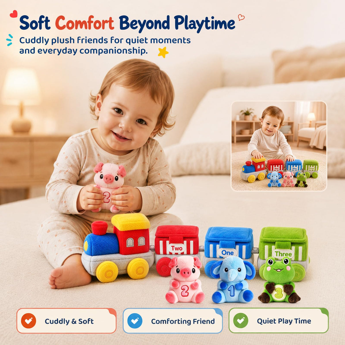SAIMAND Baby Toys 12-18 Months, Soft Plush Animal Train Sensory Playset