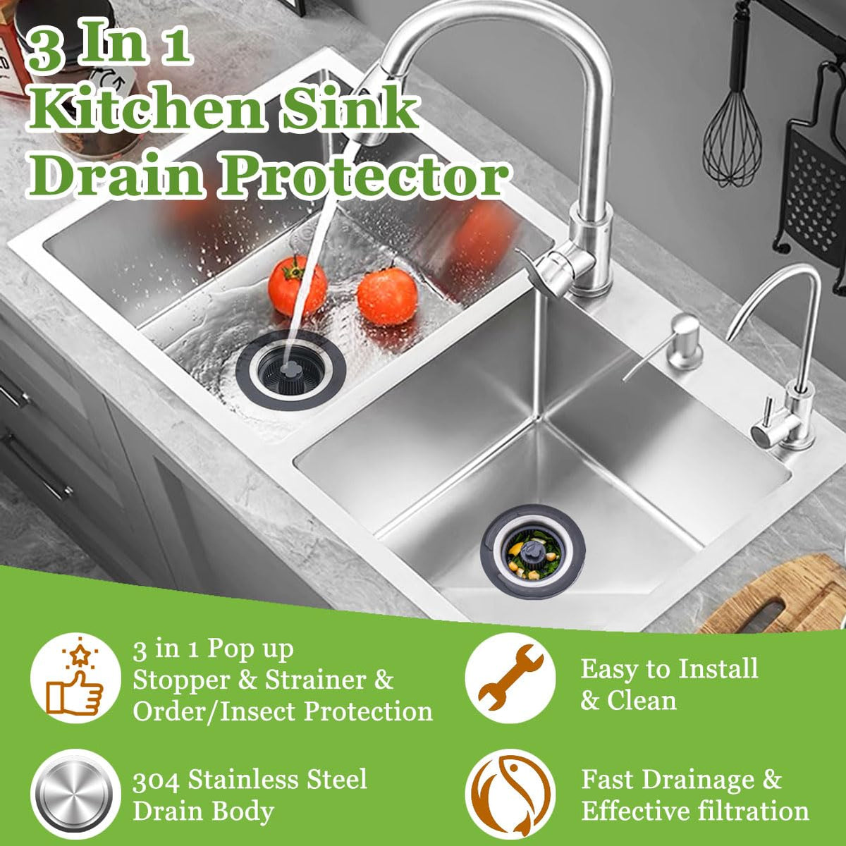 WSYLEN 3 in 1 Kitchen Sink Drain Strainer and Stopper Combo,Stainless Steel