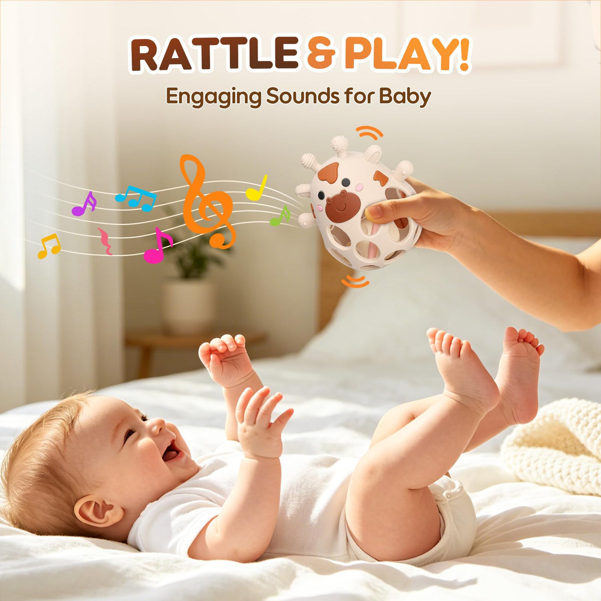 2-in-1 Baby Teething Rattle Toys, Silicone Teethers for 3-6 6-12 Months