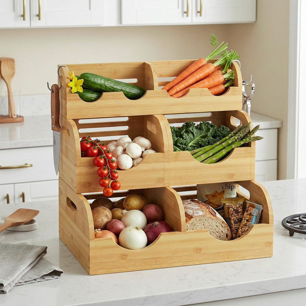 WHEEXIAG Potato and Onion Storage Bin, Made of bamboo, With 2 banana hooks