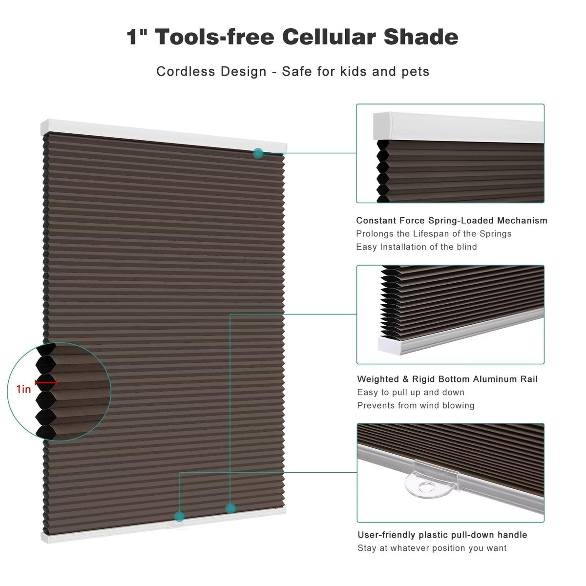 Blackout Cordless Cellular Shades for Windows,Honeycomb Blinds with Thermal Insulation,UV Protection,Child Safe,Privacy Light Control,Easy to Install,44" W x 72" H,Brown.