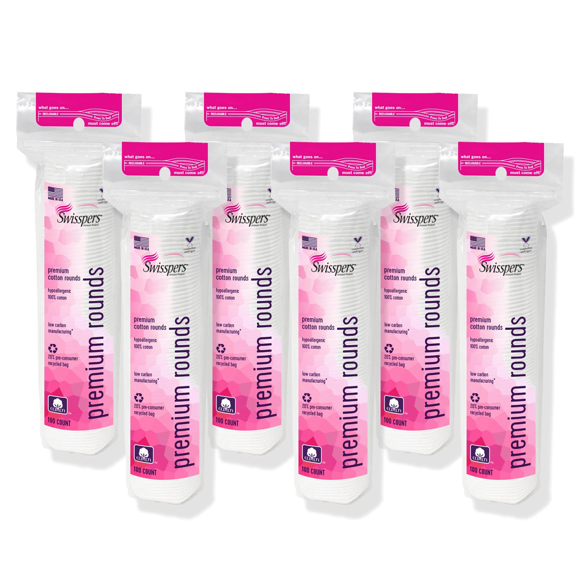 Swisspers Premium Cotton Rounds, Dual-Sided, 100 Count (Pack of 6)