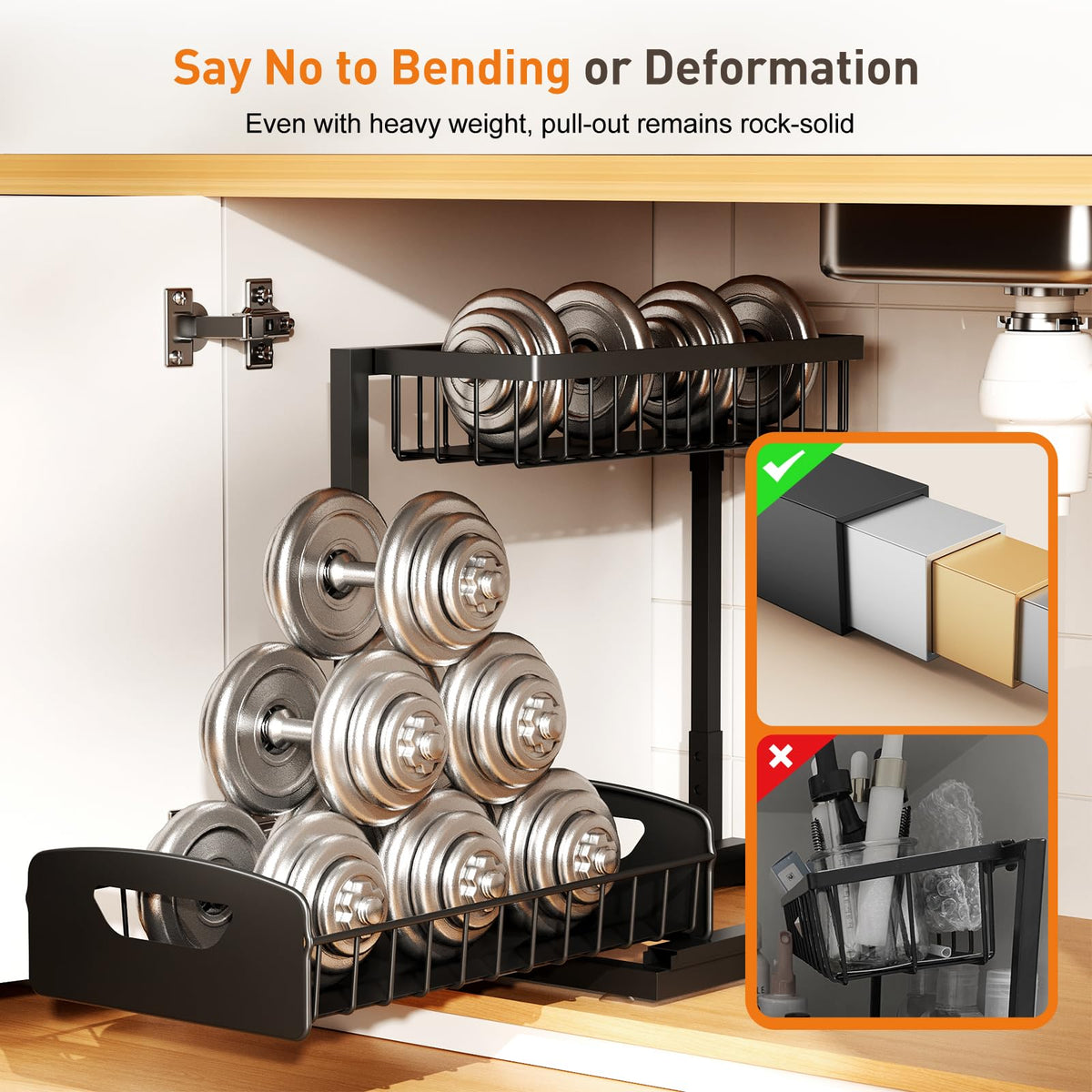 Under Kitchen Sink Organizer, Metal Pull Out Bathroom Organizers and Storage, 2-Tier Cabinet Organizer Shelf with Sliding Drawer, Home Organization for Kitchen, Laundry, Pantry, Black, 2 Pack
