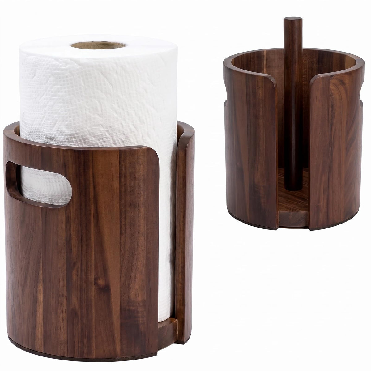 Acacia Wood Paper Towel Holder for Countertop with Splash Guard & Handles