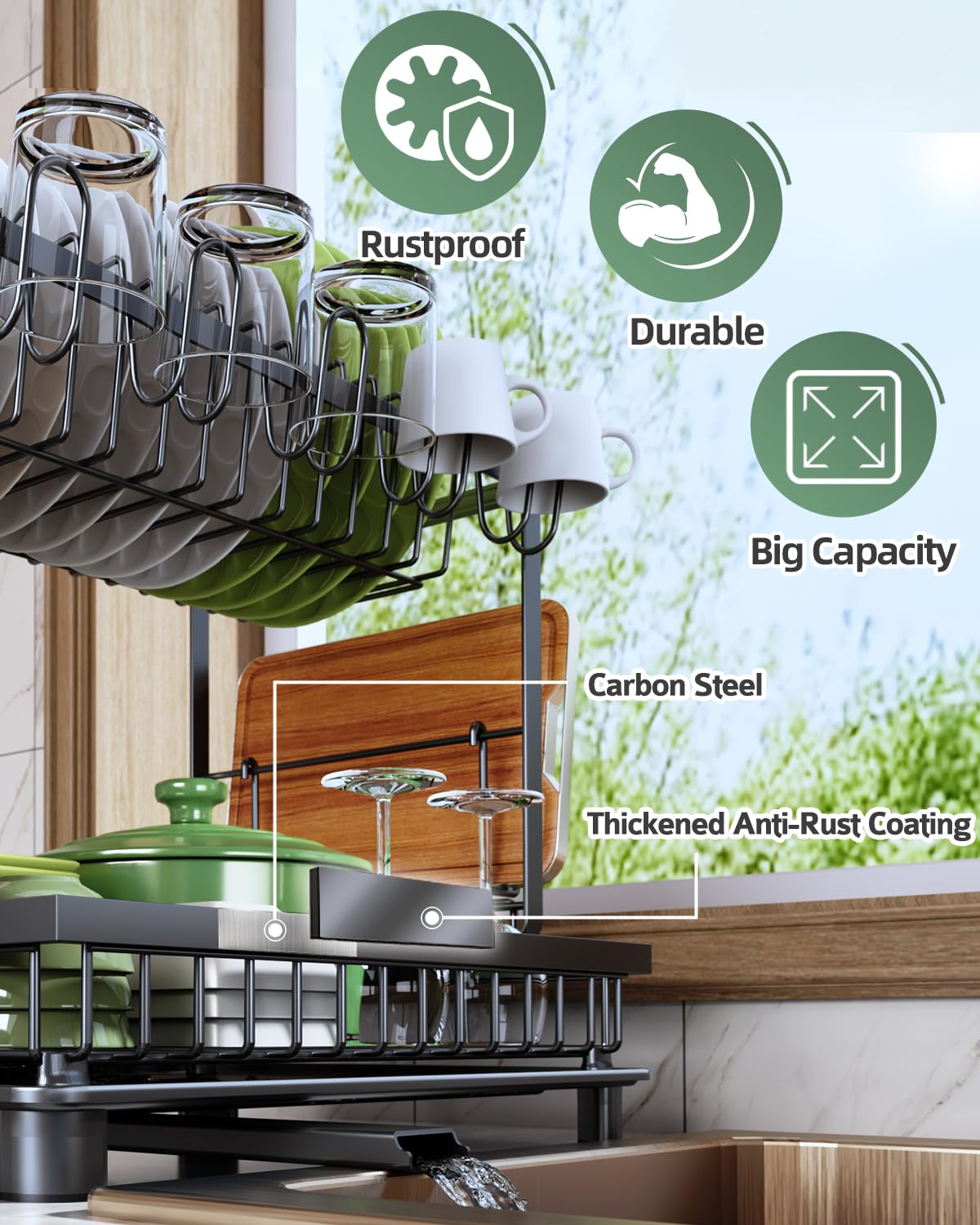 Nfnoyp 2-Tier Dish Drying Rack for Kitchen Counter, Space-Saving, Black