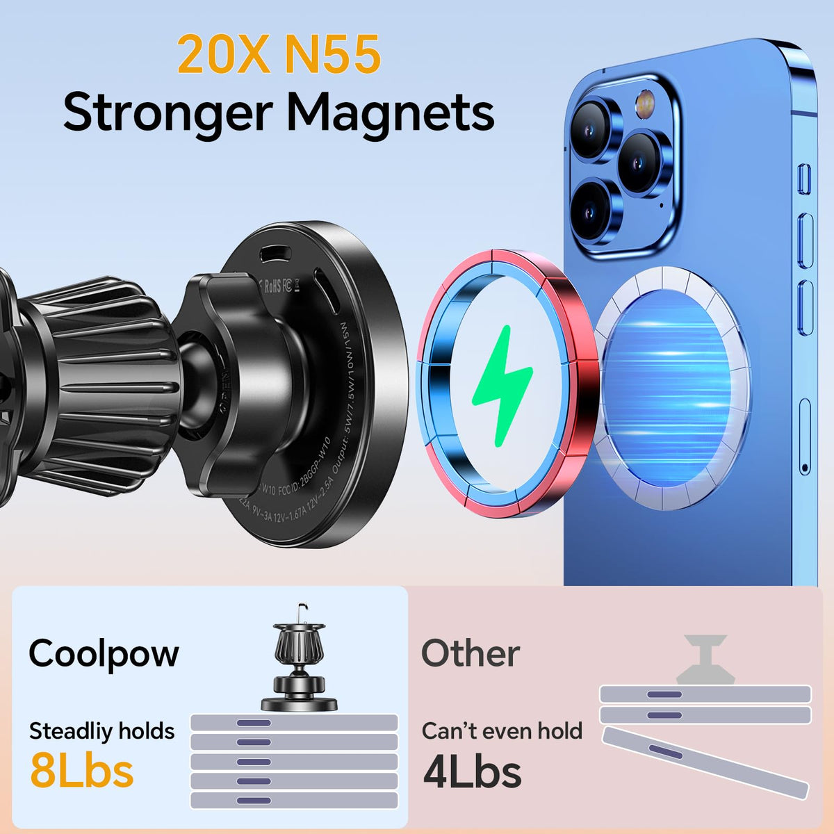 Coolpow for MagSafe Car Mount Charger【Ultra Magnet】Magnetic Phone Holders for Your Car Charger Magnetic Wireless Car Phone Holder Charger Car Accessories for Women Cell Phone Mount for iPhone 17 16 15
